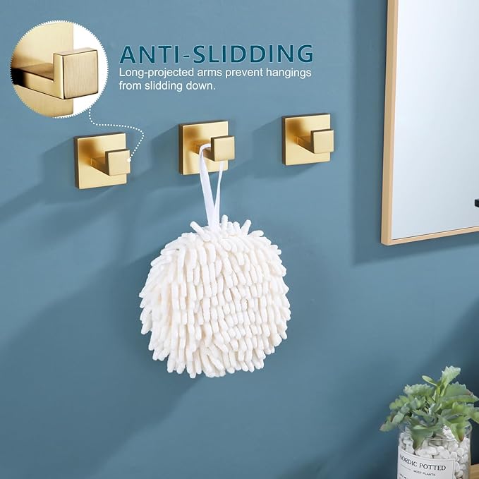 KOKOSIRI Bath Robe Hook Wall Mount Square Towel Hook Coat Hook Bathroom Kitchen Garage Heavy Duty SUS 304 Stainless Steel 3 Pack Brushed Gold B1010BG-P3