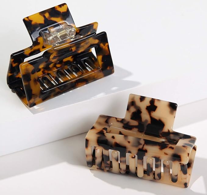 2 Pack Cutout Tortoise and Leopard Square Celluloid Acetate Jaw Clips for Thick Hair