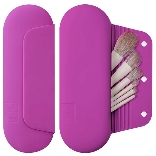 AGIKET Silicone Makeup Brush Holder Travel Cosmetic Bag: Soft Portable Cosmetic Face Brushes Holder with Upgraded Anti-Fall Out Magnetic Closure, Large Travel Makeup Brush Case - Bright Pink