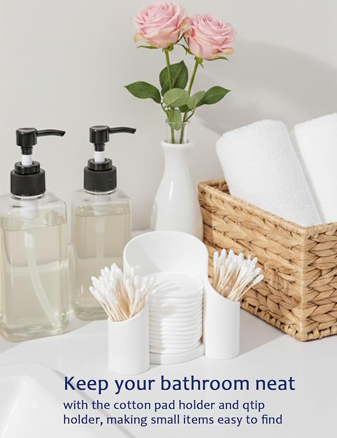 Qtip Holder & Cotton Pad Holder – White Open Bathroom Organizer for Vanity Accessories, Small Countertop Storage Box, Cotton Round Dispenser for Modern Decor