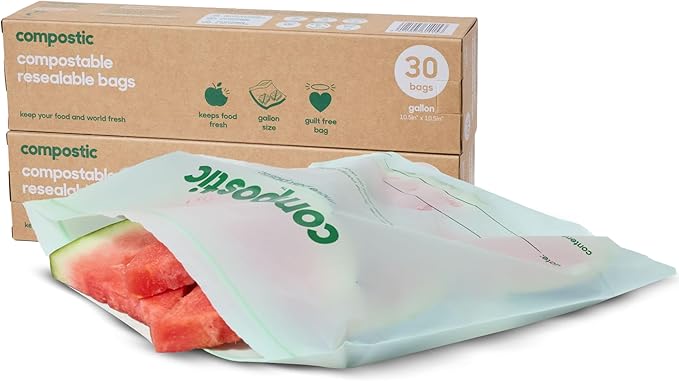 Compostic Home Compostable Resealable Gallon Bags, Microwave & Freezer Safe, Organic Food Storage Container, 60 Count