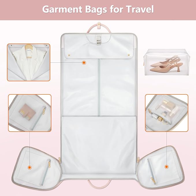 Garment Bags for Travel, Convertible Suit Travel Bag for Women, Fashion & Cute Carry On Garment Bag with Shoe Pouch, 2-in-1 Foldable PU Leather Hanging Duffle Bag, Single-Zipper Design, Pink