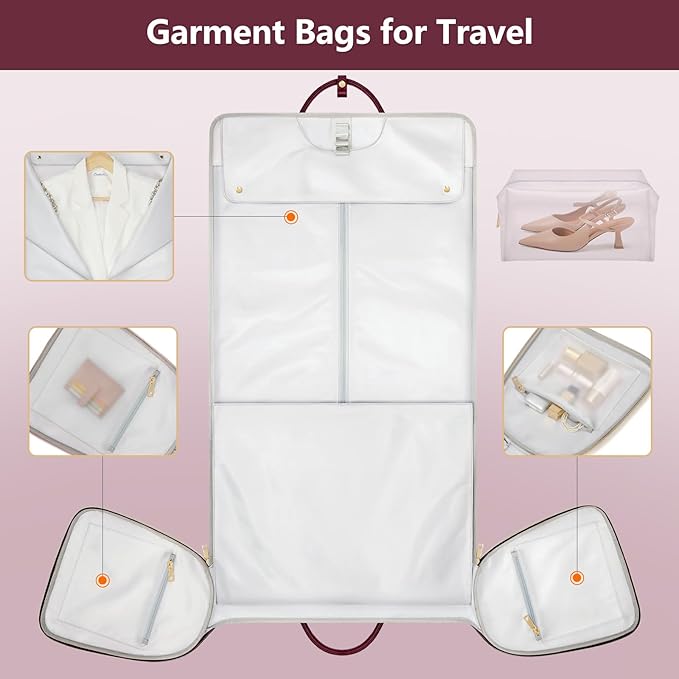 Garment Bags for Travel, Convertible Suit Travel Bag for Women, Cute Carry On Garment Bag w/Shoes Pouch, 2 in 1 Foldable PU Leather Hanging Duffle Bag, Single-Zipper Design, Sangria