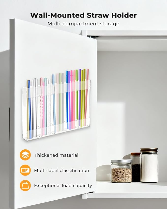 Straw Holder, Straws Organizer, Kitchen Counterware Storage Rack, Features Strong Adhesive Double-Sided Tape, Suitable for Countertops and Cabinets (Transparent)