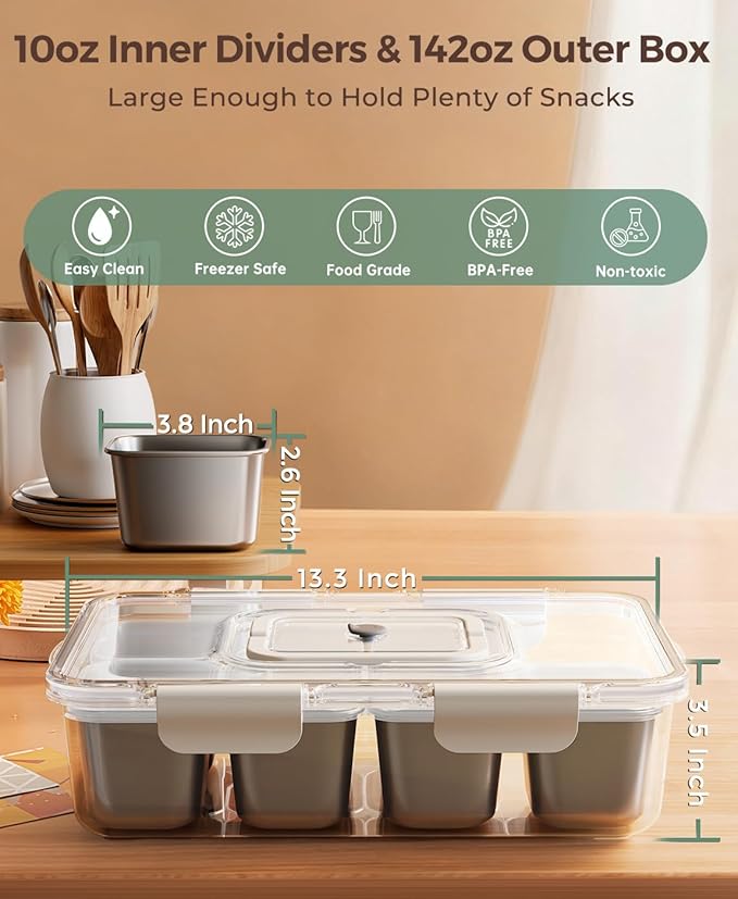 Snackle Box Container with 8 Removable Stainless Steel Compartments Divided Snack Tray with Portable Handle for Beach, Road Trip, Picnic, Boat Days, Ball Games, Pool and Parties