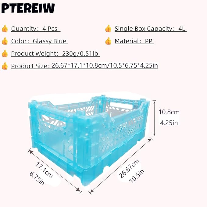 PTEREIW 4Pack Pastel Plastic Storage Crates and Baskets, Collapsible Crates for Organizing, 4L Space Saving Bins for Classroom, Kitchen, Office, Bedroom,Desk Organizer. (Mix Colors)