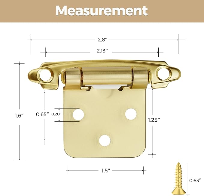 2 Pack 1 Pair Gold Cabinet Hinges - 1/2 inch Overlay Kitchen Cabinet Hinges, Semi-Concealed Hinges, Self Closing Cabinet Door Hinges with Door Bumper, Gold Face Mount Cabinet Hardware