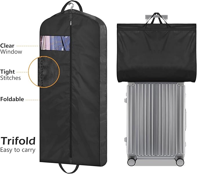 MISSLO 43" Mens Garment Bags for Travel Waterproof Suit Bags for Closet Storage for Shirts, Jackets, Coats, Black, 3 Packs