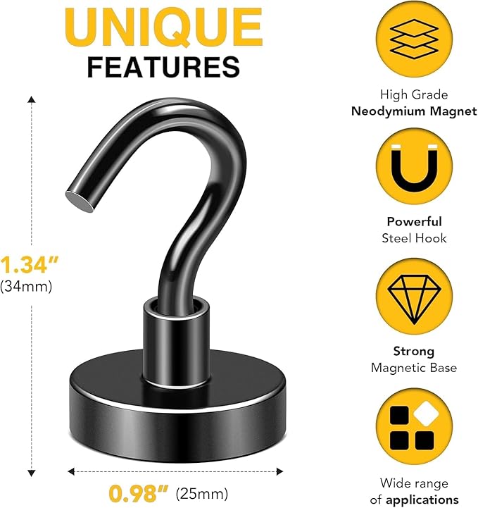 DIYMAG Magnetic Hooks, 85 LB Black Heavy Duty Strong Magnet with Hook, Rare Earth Neodymium Magnets for Hanging, Magnetic Hanger for Curtain, Home, Kitchen, Workplace, 12 Packs