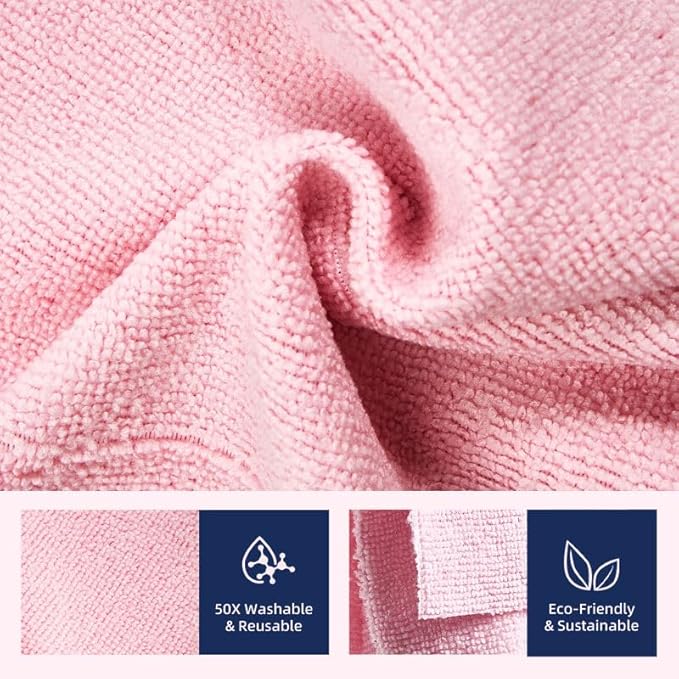 & PLUSH Microfiber Cleaning Cloth Roll - 50 Pack, Tear Away Microfiber Towels, 12" x 12", Reusable, Washable, Streak Free, Ultra Absorbent Dish Rags for Car, Home, Garage or Shop (Pink)