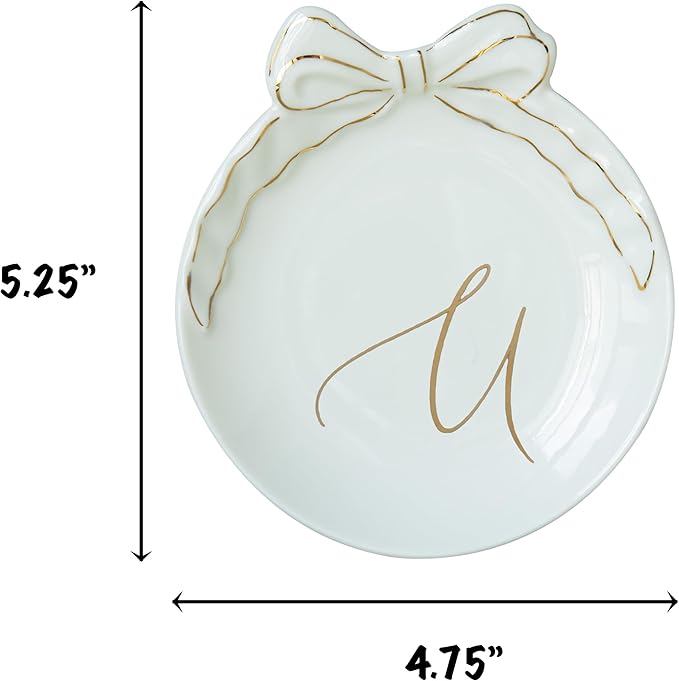 COLLECTIVE HOME - Personalized Initial Ceramic Jewelry Tray with Bow, Christmas Gift Ideas for Women, Small Gift for Girlfriend Wife, Ring Holder, Earrings Dish, Birthday Gift for Her (U)