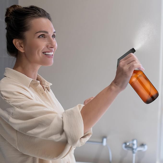 Fumete 2 Pack Glass Bottles 4oz Empty Refillable Liquid Containers with 1 Label 1 Funnel for Essential Oils Hair Travel Plants Cleaning Skin Care(Amber, Black Top,Spray Bottle)