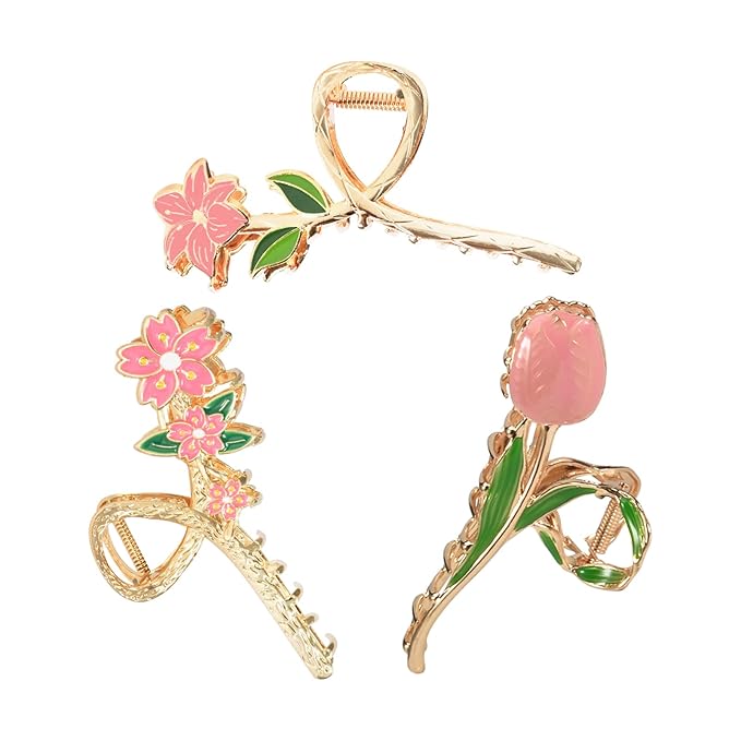 3-Piece Flower Metal Hair Accessories: Pink Tulip Hair Claw, Elegant Lily Floral Barrettes, Strong Hold Non-Slip Cute Orchid Hair Clips for Thin/Medium Thick Hair