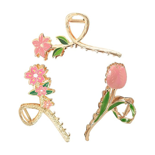 3-Piece Flower Metal Hair Accessories: Pink Tulip Hair Claw, Elegant Lily Floral Barrettes, Strong Hold Non-Slip Cute Orchid Hair Clips for Thin/Medium Thick Hair
