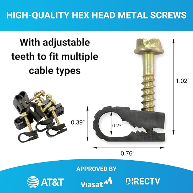 STEREN Coaxial Cable Clips - Cable Holder - Wire Clips - Siding Clips For Hanging - Cord Holder For Desk - Cable Clamps - Cord Clip - Wire Organizer Clips - TV Mount Screws - Black - 100 Pack
