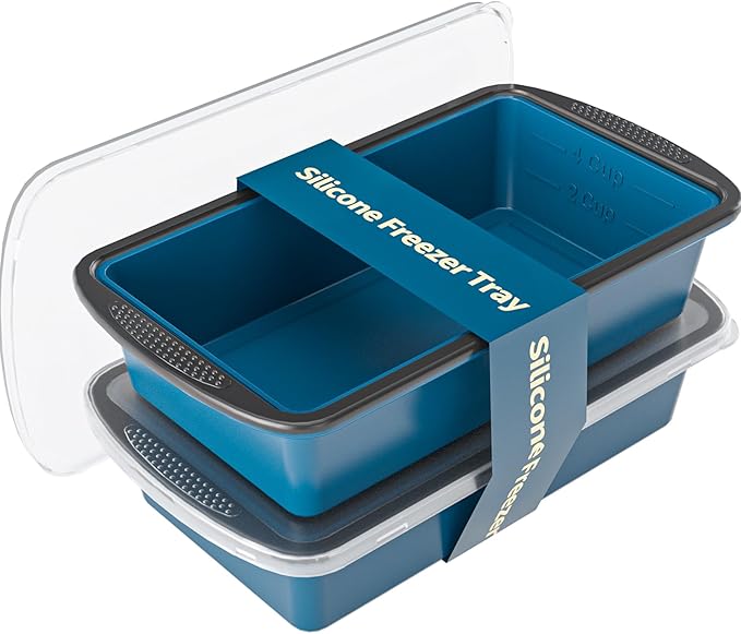 GORCI Silicone Freezer Tray With Lid, 2 Large 4 Cup Large Soup Freezer Molds Container for Meal Prepping, Ice Cube Tray, Perfect for Storing Leftovers, Sauces, Lasagna, 2-Pack