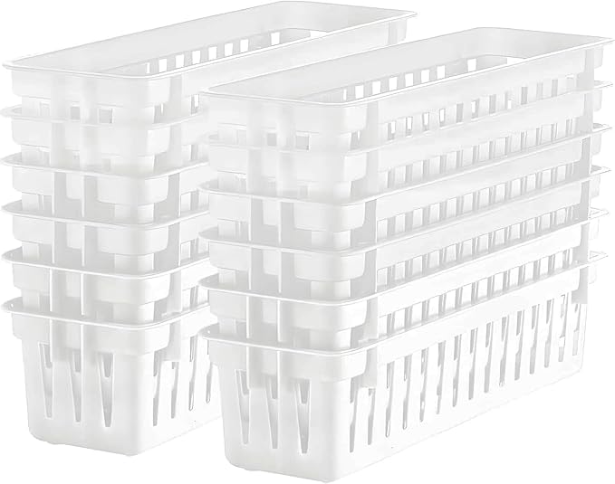 12 Pack White Slim Plastic Storage Baskets, Small Stackable Drawer Organizer Trays for Classroom, Desk, Vanity, Bedroom, Bathroom, Kitchen and Garage