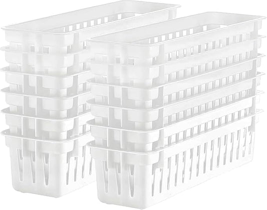 12 Pack White Slim Plastic Storage Baskets, Small Stackable Drawer Organizer Trays for Classroom, Desk, Vanity, Bedroom, Bathroom, Kitchen and Garage