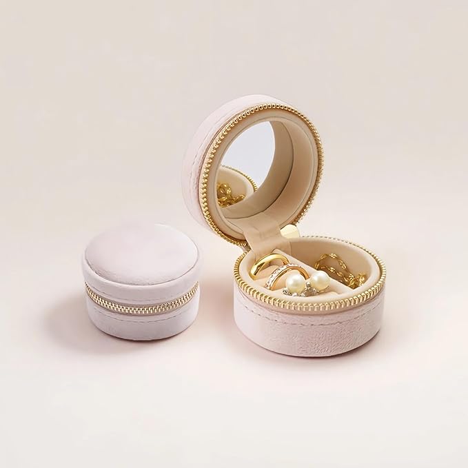 Travel Ring Box with Mirror, Velvet Lined Jewelry Organizer for Women - Mini Portable Case for Engagement, Wedding Band, Earrings,Necklaces | Bridesmaid Proposal Gift (Pink)