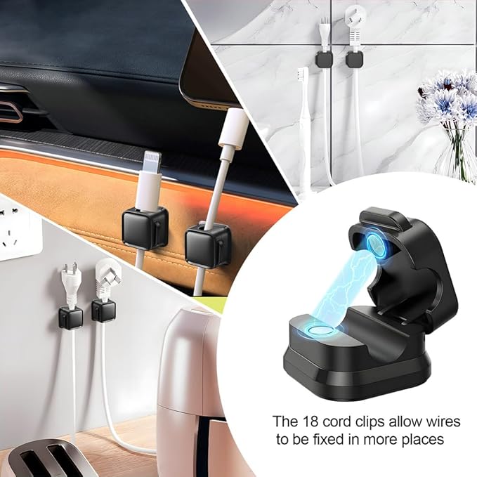 18 Pack Cord Organizer Holder,Magnetic Cable Clips Management, Easy Adhesive Phone USB Charger Cord Keeper, Hide Or Organize Desk Cable for Kitchen, Office, Car, Nightstand （Black）