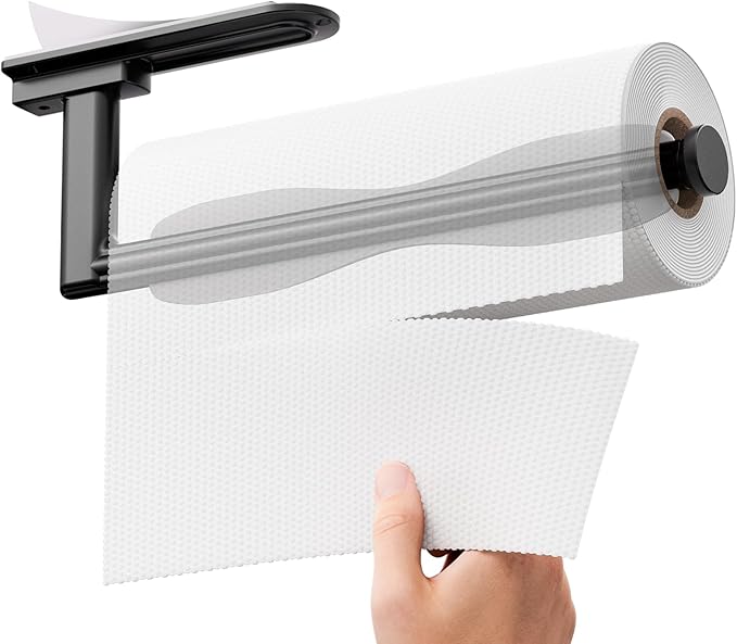 zaa Paper Towel Holder Under Cabinet - Self Adhesive or Drilling Paper Towel Holder Wall Mount, One Hand Tear Black Towel Holder for Kitchen Organization, Bathroom, Sink, Pantry, Fridge, RV