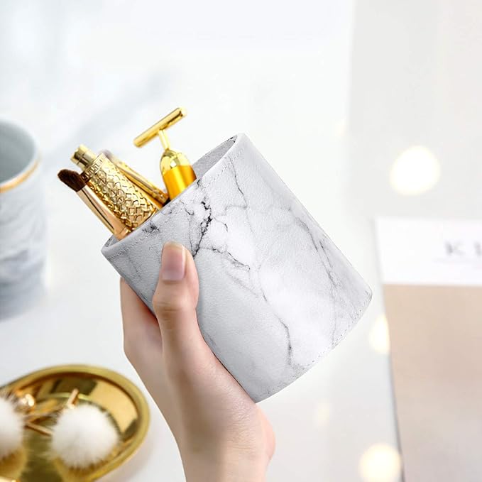 WAVEYU Pen Holder, Cup for Desk Marble Pattern Pencil Holder for Adults Kids Luxury Leather Desk Organizer Makeup Brush Holder for Office, Classroom, Home, Marble