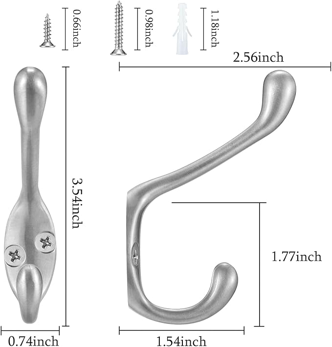 Jukzi Coat Hooks 5 Pack-Heavy Duty Wall Mounted Brushed Nickel Door Hooks Double Prong Hooks for Hanging Clothes/Towels/Key-Suitable for Bedroom/Bathroom/Entryway