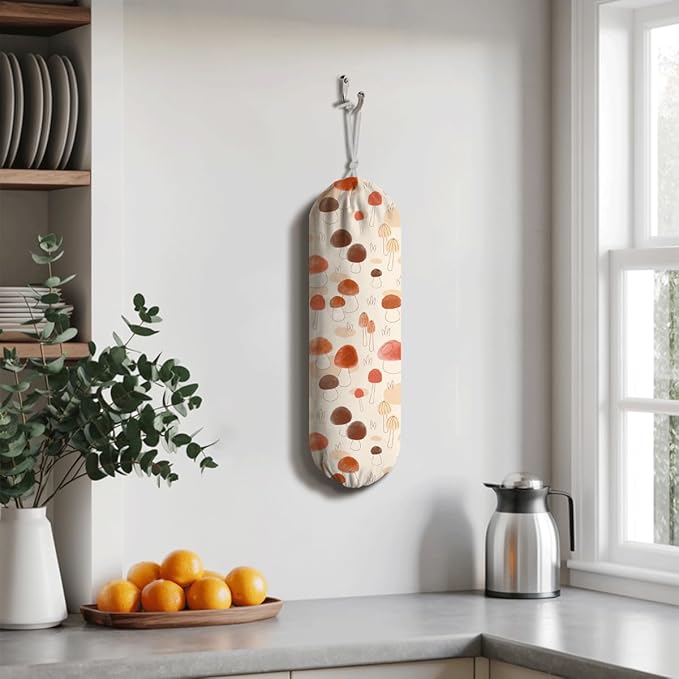 Mushroom Plastic Bag Holder, Reusable Grocery Bags Holder, Washable Hanging Shopping Bag Dispenser for Home Kitchen, Kitchen Housewarming Gifts, Kitchen Pattern Garbage Bag 51