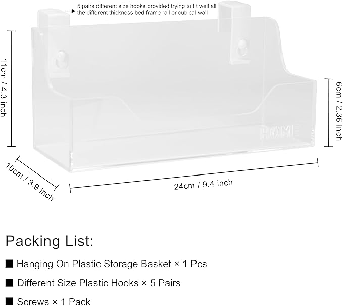 Bedside Caddy Hanging Storage Basket Little Size Plastic Beside Shelf Hang-on Storage Organizer for Collage Dorm Bunk Bed,Changing Table - Bedroom Essentials for Phone,Mini Speaker,Tissues (Clear)