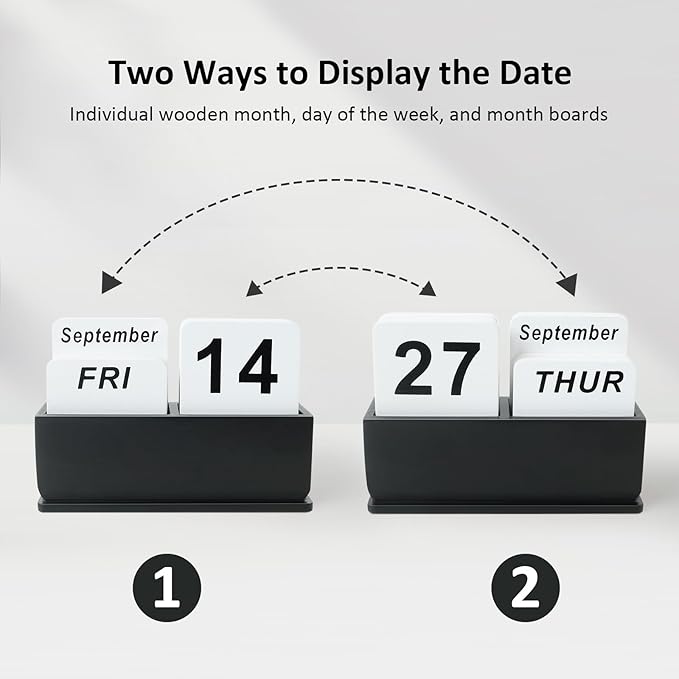 Wooden Block Perpetual Calendar for Desk, Daily Desktop Standing Flip Calendar with Large Display, Modern Farmhouse Aesthetic Desk Accessories for Home Office Decor, Reusable Yearly, Black