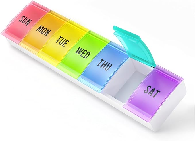 Barhon Medium Size Pill Organizer Weekly, 7 Day Medicine Pill Organizers, Daily Pills Box Case Travel for Big Vitamin Supplements Fish Oil, Multi-Colored