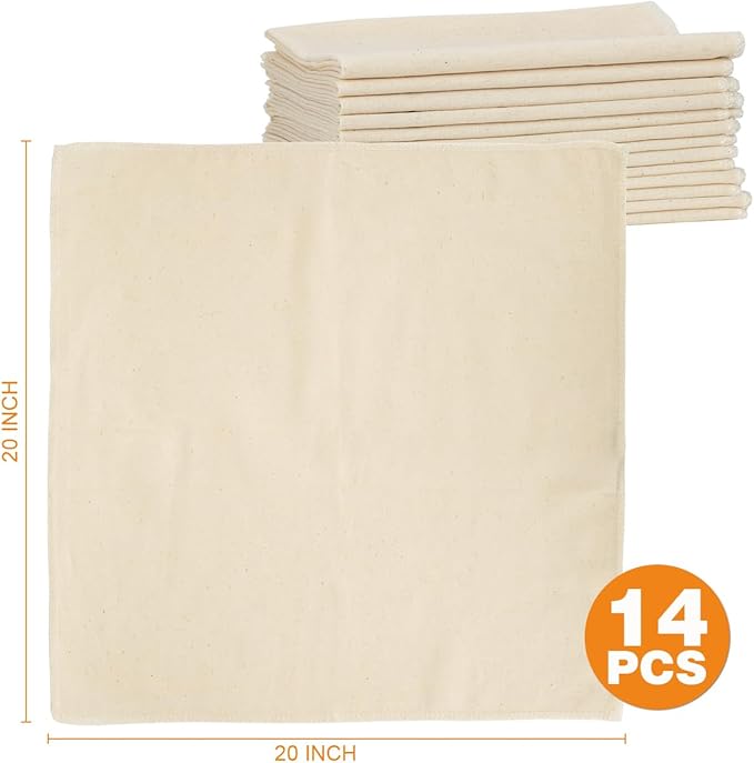14 Pack Cheese Cloths, 20x20 Inch Cheesecloth Hemmed Edge Unbleached Fine Fabric, Reusable Grade 100 Cotton Muslin Cloth for Turkey, Butter, Cooking, Straining, Cheese Making, Juicing, Baking