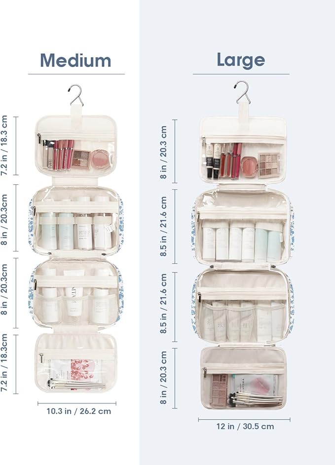 Narwey Travel Toiletry Bag for Women Large Hanging Makeup Bag Organizer Toiletries Bag for Full Size Essentials Accessories Cosmetics (Little Blue Flower (Large))