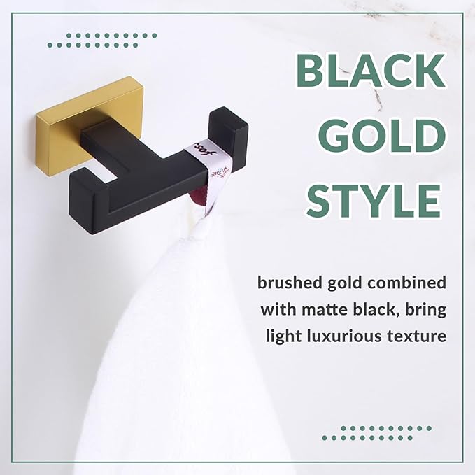 APLusee Black Gold Double Towel Hook, Heavy Duty Stainless Steel Robe Hook for Bathrooms, Wall Mounted