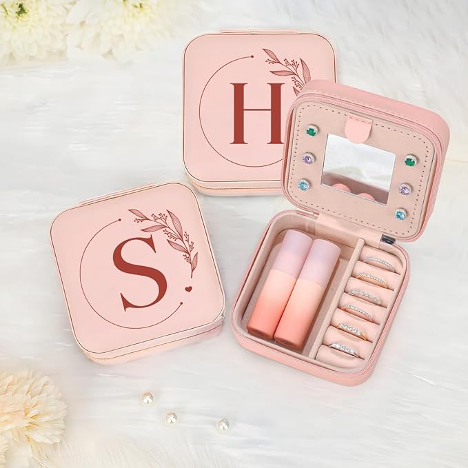 SANDJEST Personalized Jewelry Box, Pink Small Travel Jewelry Box with Initial S, Monogrammed Jewelry Case Organizer for Girls Women Teen, Mini Travel Essentials Gifts for Christmas Birthday