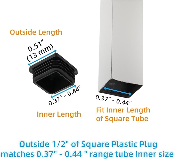 1/2" Square Tube End Cap Plastic Plugs Chair End Caps 0.5 Inch (13mm), 1/2 X 1/2 Tubing Plugs Furniture Sliders Glides Black (Fit 0.37-0.44" Square Tube Inner Size, 40pack)