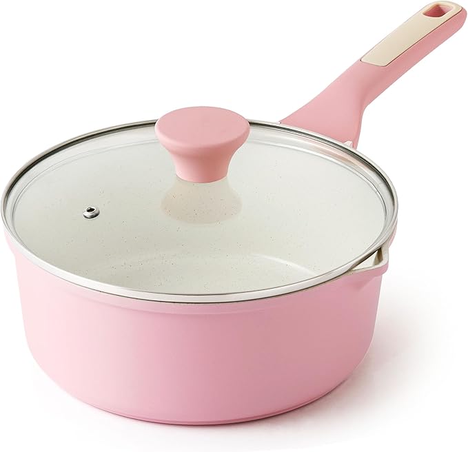 SENSARTE Ceramic Nonstick Saucepan with Double Pouring Spout 3.0 Quarts, Cooking Pot with Stay Cool Handle, Induction Compatible, Ceramic Coating, Free of Intentionally Added PFOA/PFAS, Pink