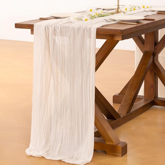 Socomi 6pcs Ivory White Cheesecloth Table Runner Summer Boho Rustic Gauze 120 inch 10FT Cheese Cloth Sheer Runner for Wedding Party Baby Shower Birthday Home Decor Holiday Decorations