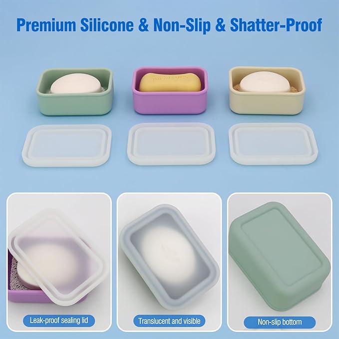 Enhanced Leak Proof Travel Soap Case, Compact Silicone Travel Soap Dish with Drainage Pad, Great for Gym, Camping, Bussines Trip (Black)