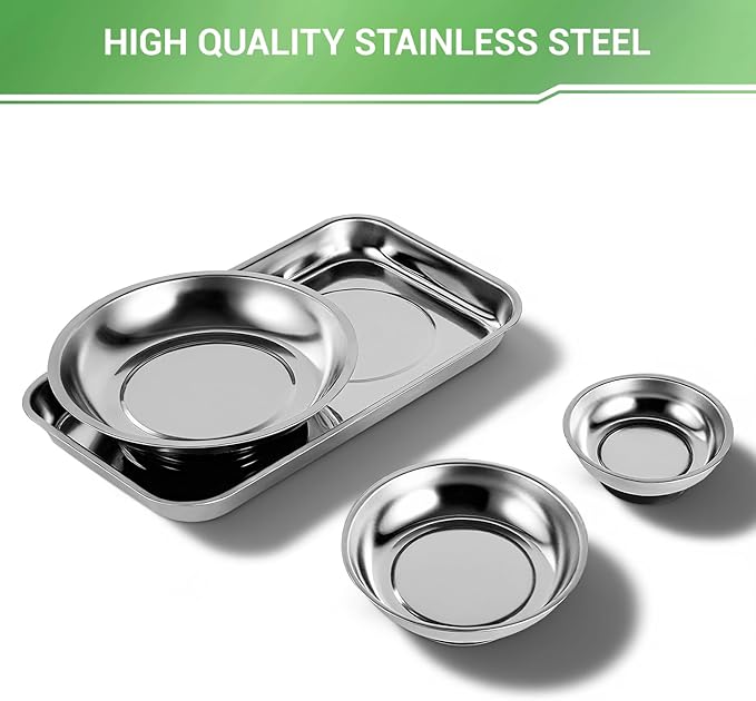 GURADESIGN Magnetic Tray 4-Piece, Large Magnetic Parts Tray and Round Magnetic Parts Tray Set, Stainless Steel Heavy Duty 9.5" W x 5.5''L Square and 6" 4" 3"Round Tools Tray
