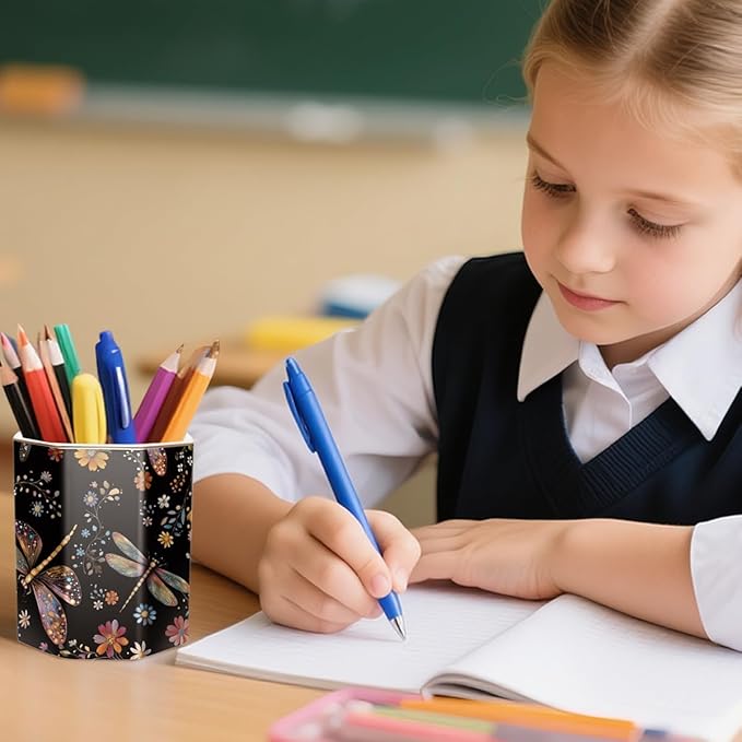 WAVEYU Pen Holder, Pencil Cup for Desk, Cute Desk Organizer, Durable Ceramic Decorative Makeup Brush Desktop Accessories, Stylish Stationery for Office, Home, Cute Dragonfly Pattern