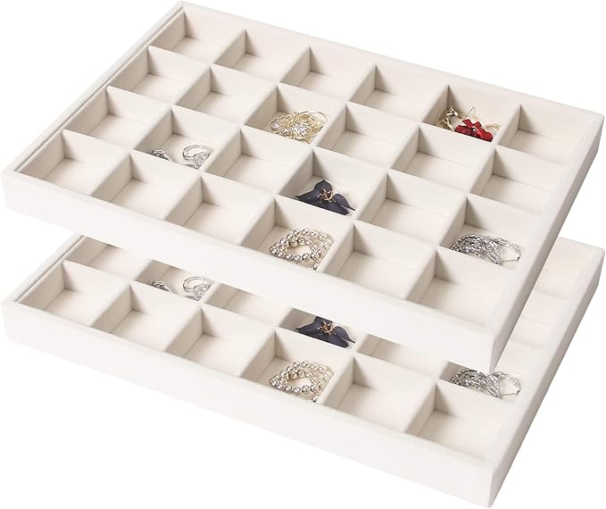 Coward 2PC Stackable 24 Grid Jewelry Organizer Tray Necklace Earring Box Storage Drawer Ring Bracelet Display Holder (beige(24grid+24grid))
