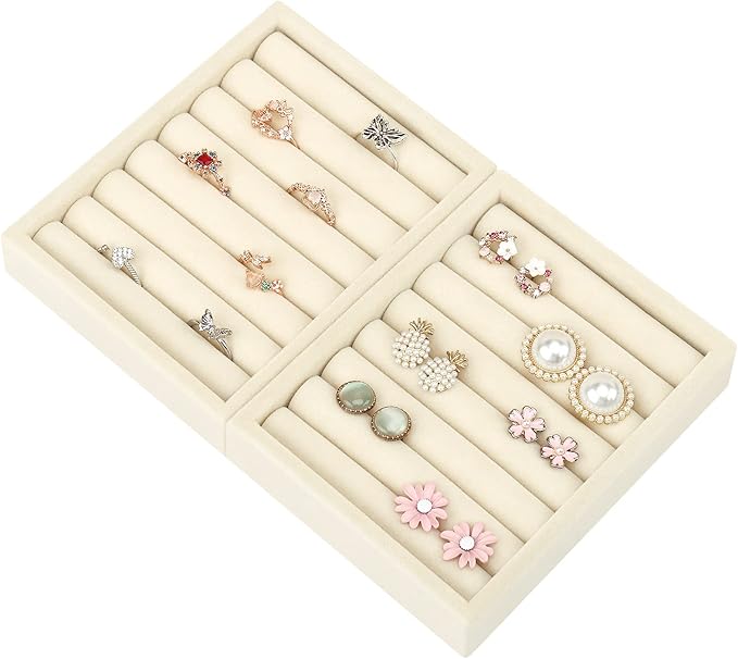 DesignSter Small Jewelry Tray-Ring Organizer 2PCS Premium Velvet Rings Earrings Display Tray Storage Insert Holder for Jewelry Box, Drawer, Dresser (8 Slots, Beige)