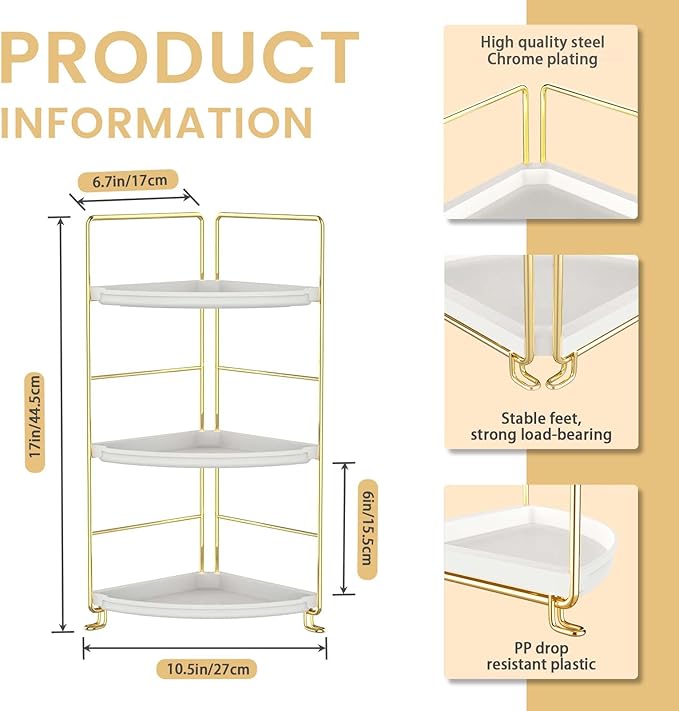 3-Tier Bathroom Organizer Countertop, Corner Bathroom Counter Organizer, Makeup for Vanity Skincare Organizers and Storage, Kitchen Counter Organizer Perfume Organizer (Gold)