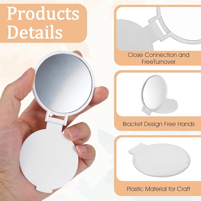 50 Pcs Round Compact Folding Portable Pocket Mirror for Purse Mini Folding Makeup Mirrors Bulk Vintage Travel Makeup Mirror for Women Daily Use (White)