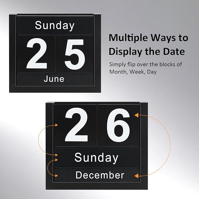 Wooden Block Calendar for Desk, Daily Desktop Perpetual Desk Calendar, Cute Date Display Blocks Desk Accessory for Home Office Decor, Teacher, Classroom, Reusable Yearly, Black