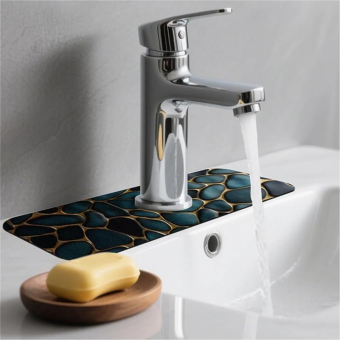 Kitchen Sink Splash Guard, Blue and Gold Stones Faucet Mat Sink Gadgets - Super Absorbent Fast Drying Mat Drip Catcher for Kitchen, Bathroom, Sink Mat, Dish Drying Mat, Bathroom (15" x 5.5")