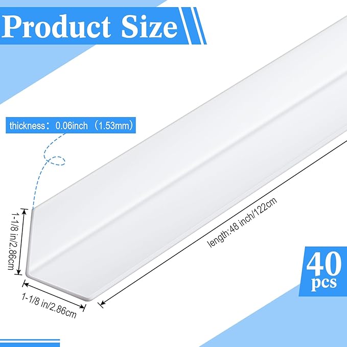 Sasylvia 40 Pcs Wall Corner Protector Guards, Vinyl 1-1/8 x 48 Inches Corner Trim Molding, Avoid Scratching Scuffs, Easy Installation and Cleaning for Door, Countertop, Furniture, and Cabinet Protection, White