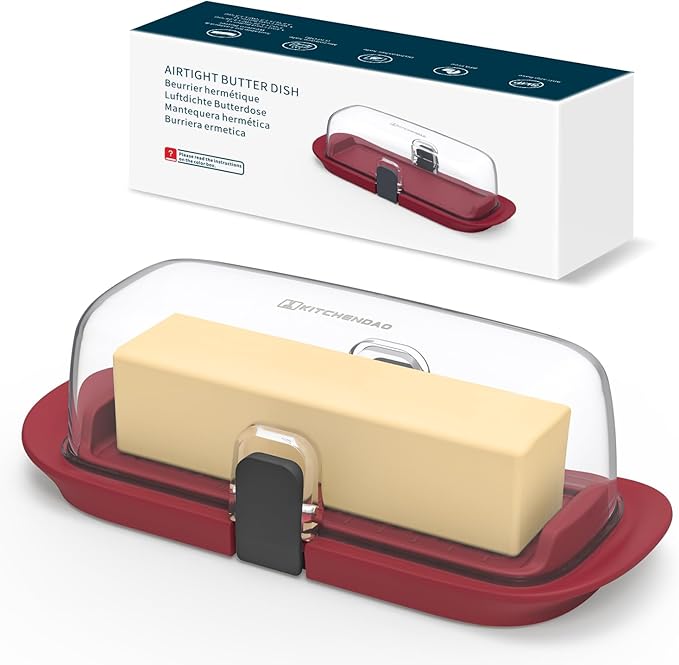 KITCHENDAO One-handed Airtight Butter Dish with Lid for Countertop and Refrigerator Door Shelf, Butter Holder with One Press to Open/Close Secure Latching Buckle for West/East Coast Butter (Red)