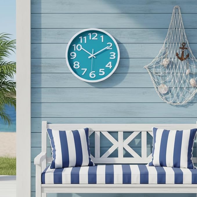 Wall Clock Silent Non Ticking Indoor Outdoor Clock Battery Operated Easy to Read Analog Coastal Decor Clocks for Bedroom Office Home Patio Pool Porch Decor,12 Inch Aqua